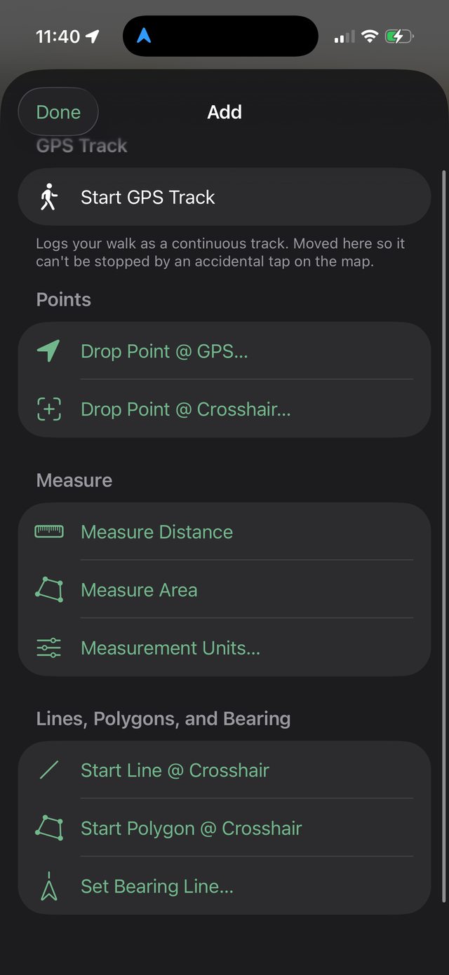 Ology Add menu with GPS track, drop point, measure, and line tools