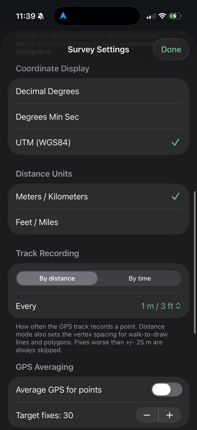 Ology settings for coordinate display, distance units, and track recording