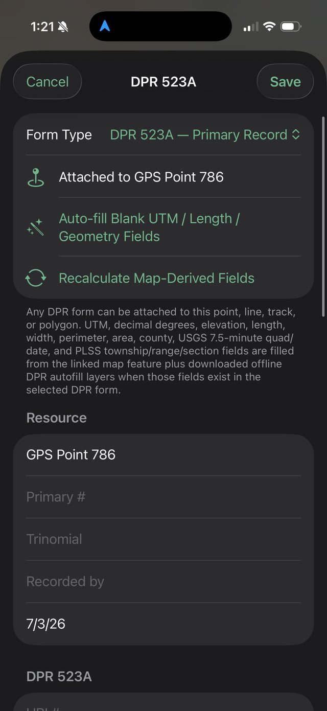 Ology DPR 523A form with auto-fill for UTM, geometry, and location fields