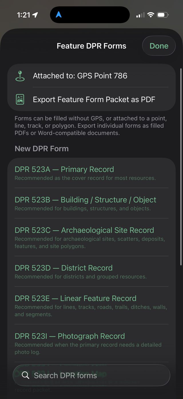 Ology DPR forms screen listing DPR 523A and 523B with recommendations
