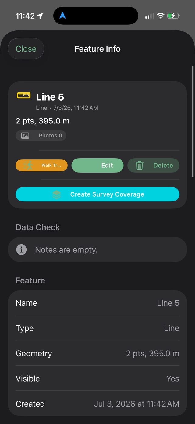 Ology feature info screen with a data check flagging empty notes