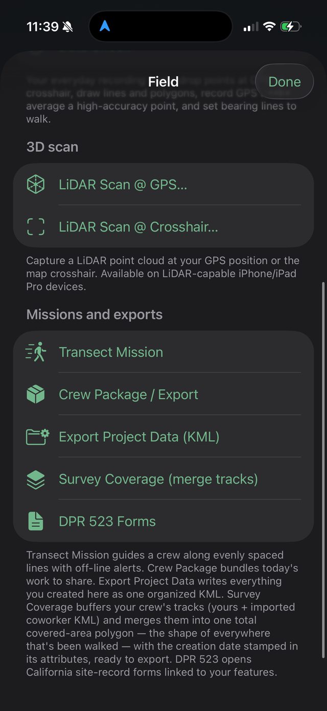 Ology Field menu with LiDAR scan at GPS and crosshair options