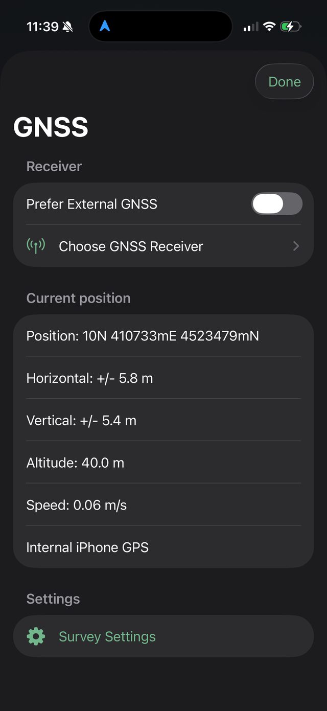 Ology GNSS screen showing external receiver preference and a UTM position with accuracy