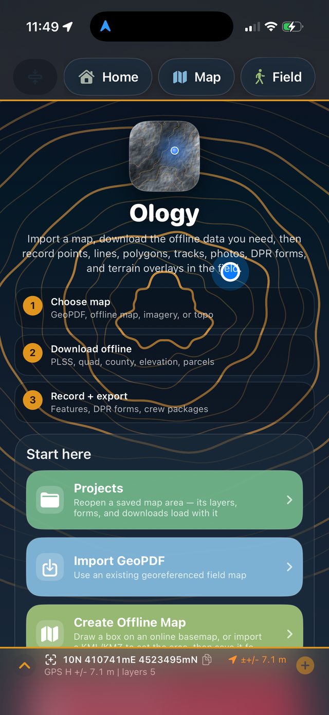 Ology home screen with cards for offline maps, downloads, and recording
