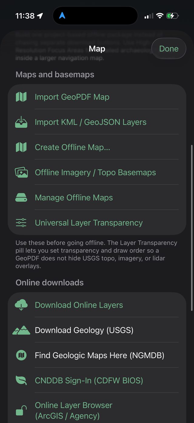 Ology maps menu with GeoPDF import, KML and GeoJSON layers, and offline map creation