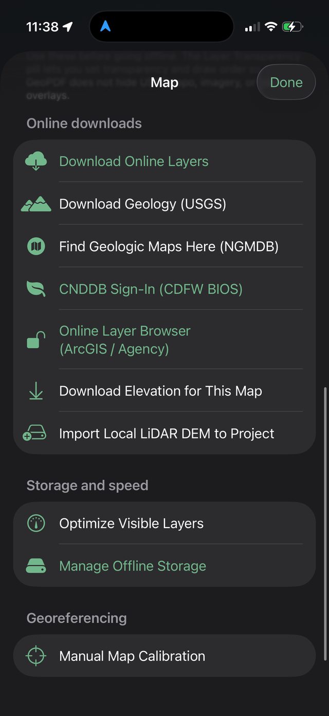 Ology online downloads menu with USGS geology, NGMDB maps, CDFW sign-in, and elevation