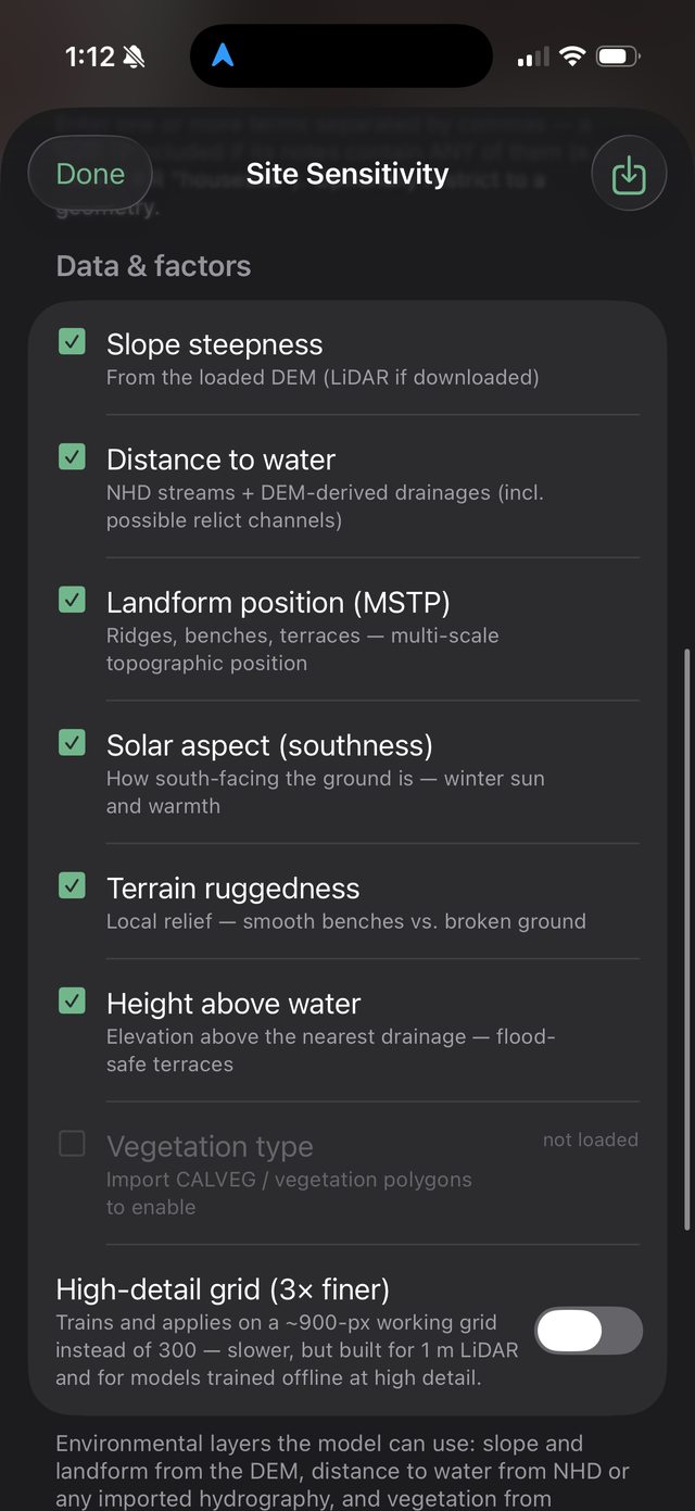 Ology Site Sensitivity data and factors list: slope, distance to water, landform position, and solar aspect
