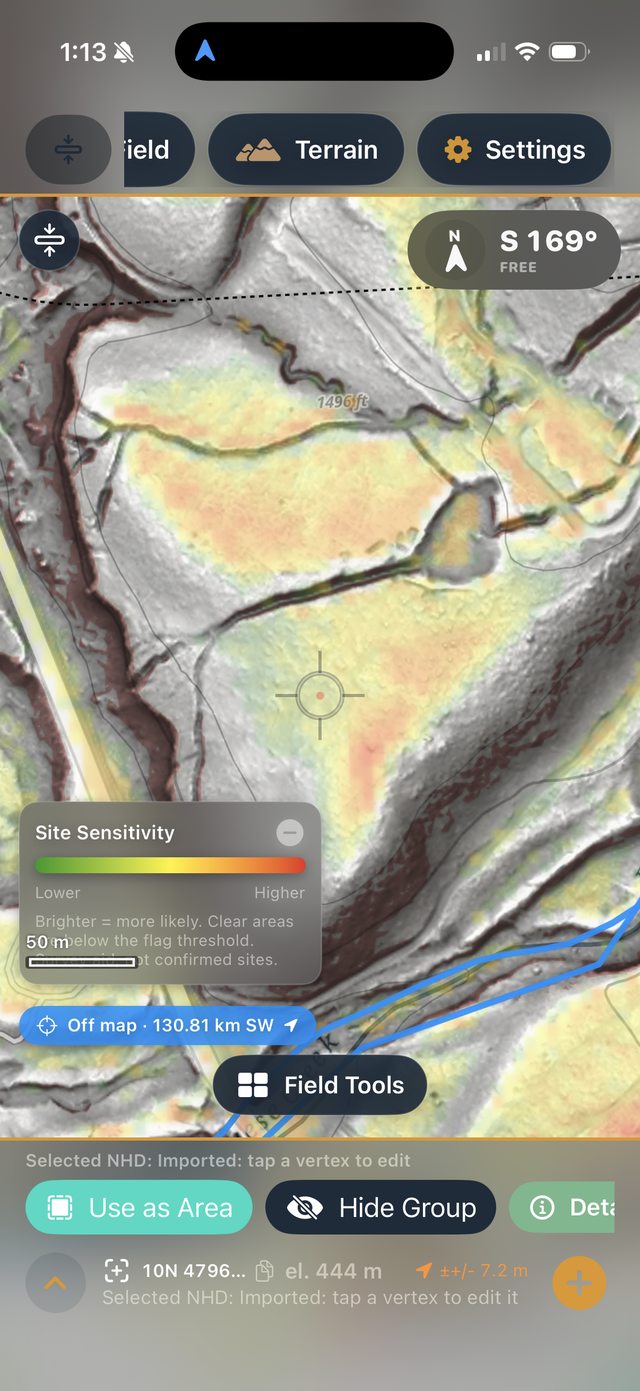 Ology map showing a site sensitivity heatmap with a lower-to-higher legend