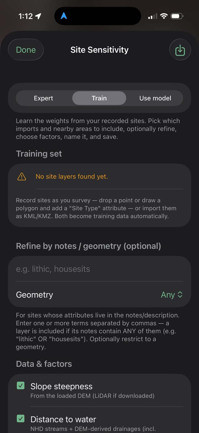 Ology Site Sensitivity Train tab that learns weights from recorded sites and imported KML layers