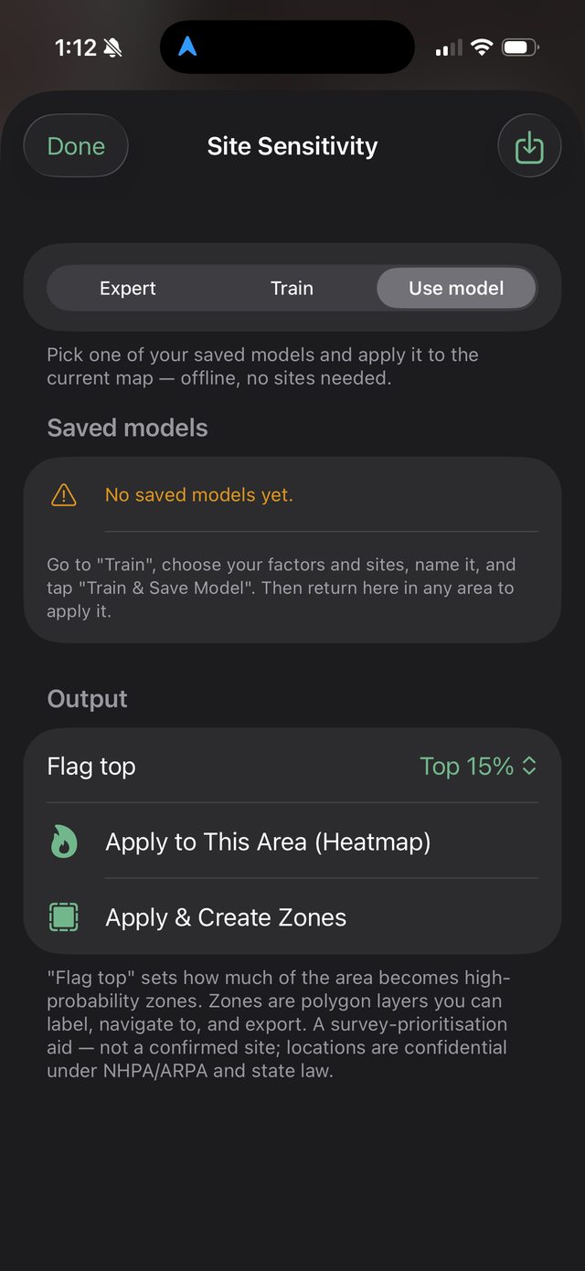 Ology Site Sensitivity Use model tab for applying a saved model to the current map offline