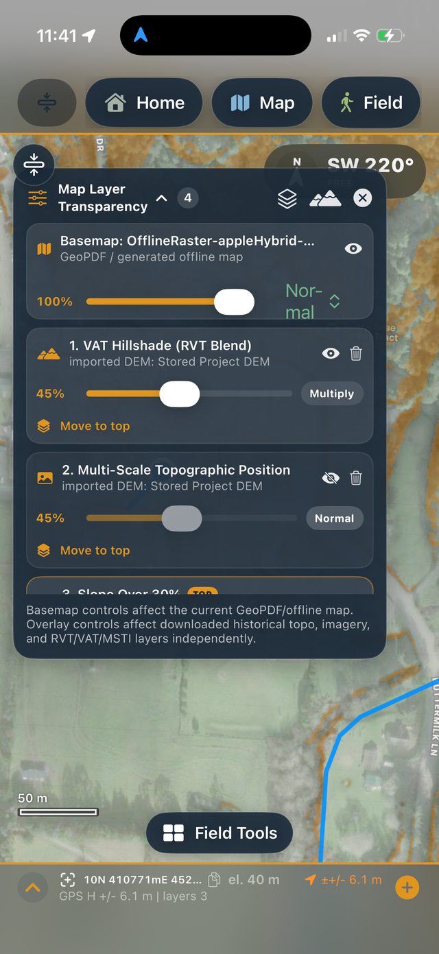 Ology map layer stack showing a VAT hillshade RVT blend and multi-scale topographic position layers