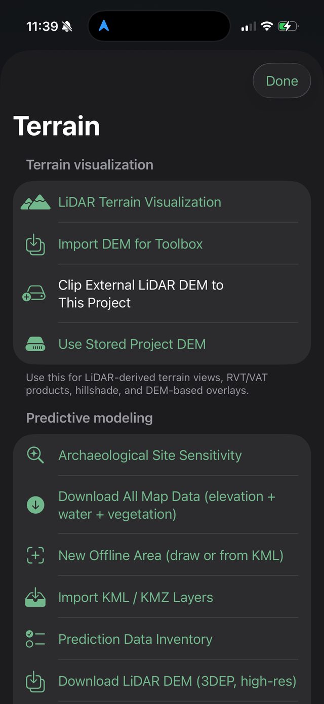 Ology terrain menu with LiDAR terrain visualization and DEM import options