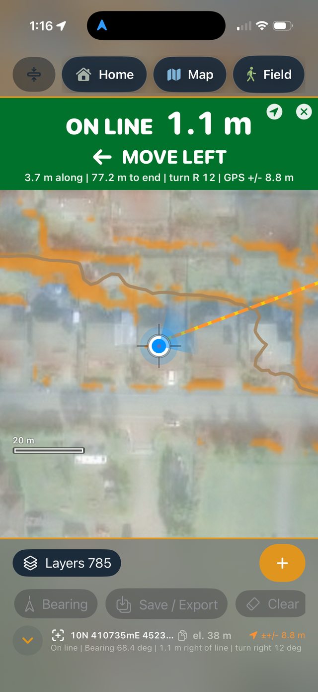 Ology transect mode showing on-line status, distance along, and turn guidance