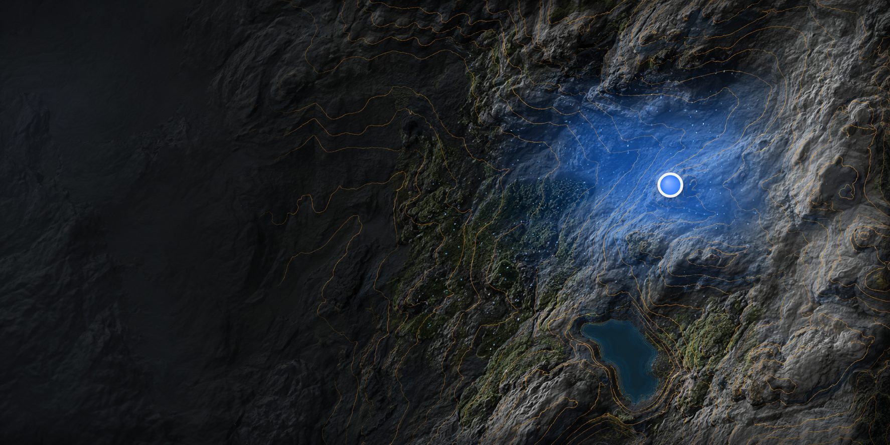 Ology terrain map showing lidar relief, amber contour lines, and a blue GPS position marker