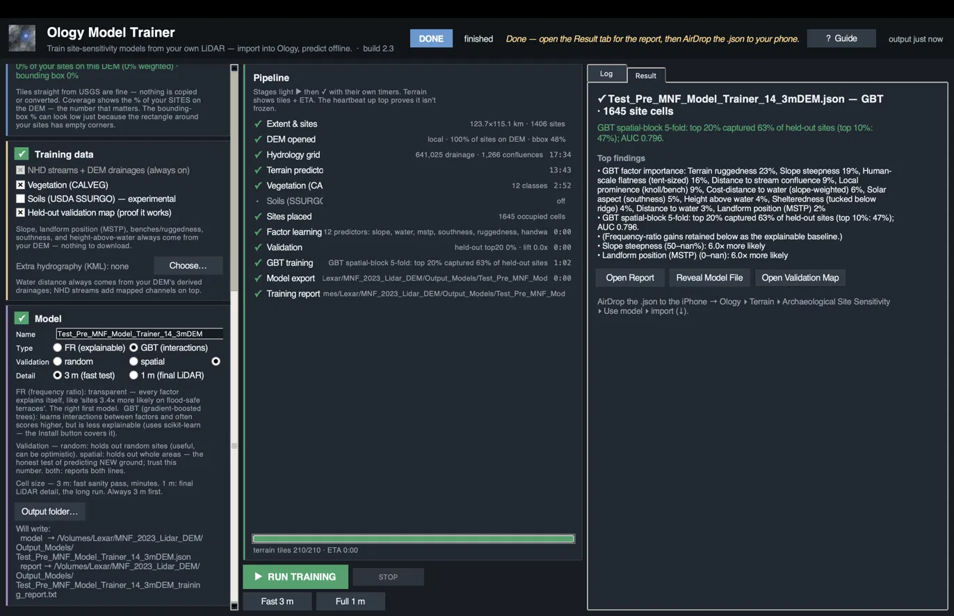 Ology Model Trainer desktop application showing a completed training run: training data toggles and model settings on the left, a pipeline of completed stages in the center, and a results panel reporting a GBT model with AUC 0.796 that captured 63% of held-out sites in the top 20% of predicted ground